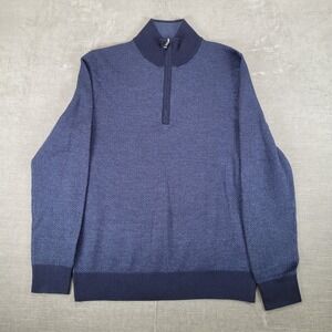 Brooks Brothers Mens Small Blue Fine Merino Wool Herringbone 1/4 Zip Sweater